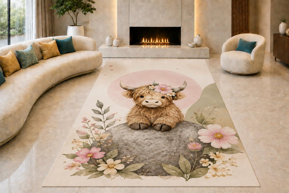 ICE ARMOR "Ultra Lightweight Large 6'7" x 9'10" Highland Cow on Rock Area Rug for Living Room, Bedroom and Home Office, Soft Low Pile Carpet with Non-Slip Silicone Backing, Brown and Pink
