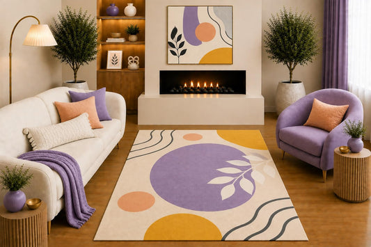 ICE ARMOR "Ultra Light Weight 5' x 7' Boho Botanical Area Rug Lavender Mustard Peach Leaf Abstract Geometric Design for Living Room Bedroom Nursery Non-Slip Silicone Backing Low Pile