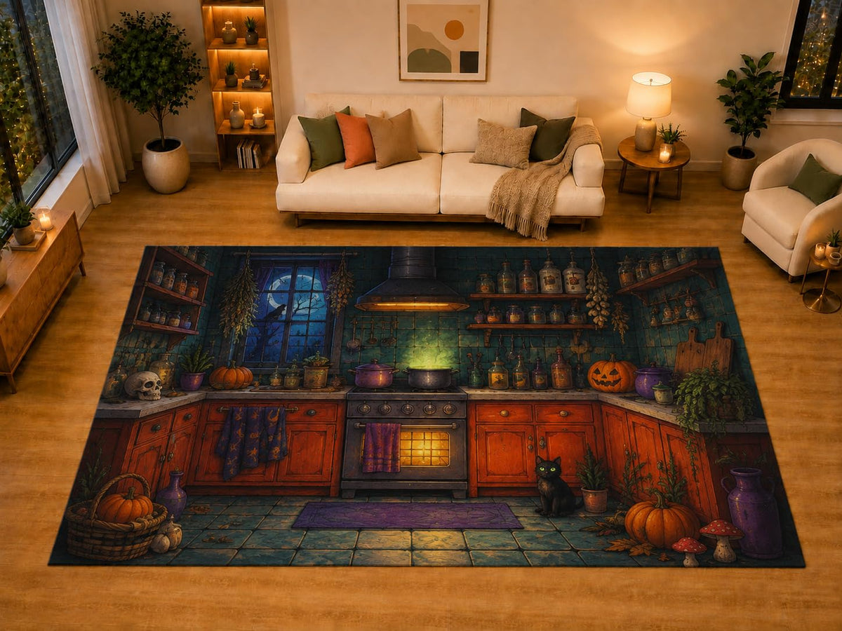 ICE ARMOR "Ultra Light Weight Large 6'7" x 9'10" Witch Kitchen Halloween Area Rug for Living Room Bedroom Dining Area, Soft Low Pile Non-Slip Backing, Orange Green Purple Black Spooky Kitchen Decor