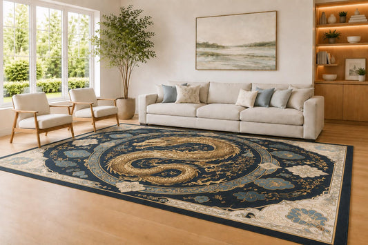 ICE ARMOR Large 6'7" x 9'10" Navy and Golden Color Imperial Dragon Area Rug for Living Room, Soft Low Pile Carpet with Non-Slip Silicone Backing, Decor for Bedroom and Home Office