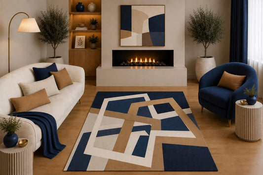 ICE ARMOR "Ultra Light Weight 5' x 7' Modern Abstract Geometric Area Rug Navy Blue Beige Tan Contemporary Design for Living Room Bedroom Dining Room Non-Slip Silicone Backing Low Pile