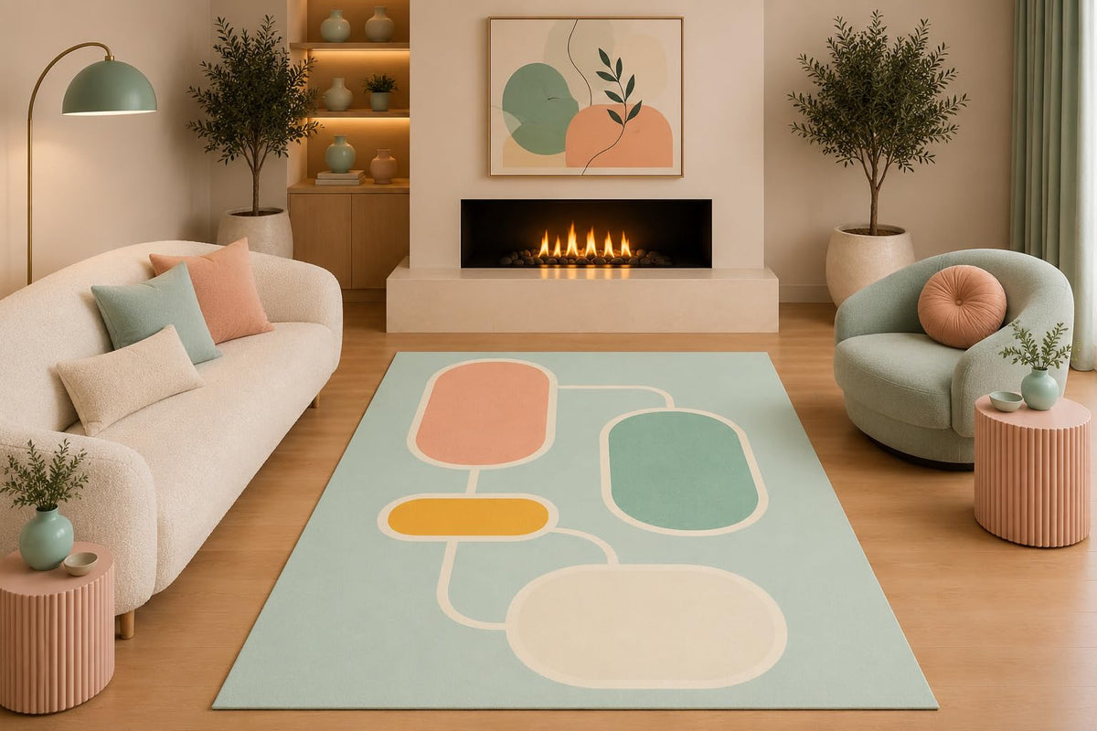 ICE ARMOR 5' x 7' Mid Century Modern Geometric Area Rug Pastel Abstract Shapes Mint Green Peach Cream Mustard for Living Room Bedroom Non-Slip Silicone Backing Low Pile
