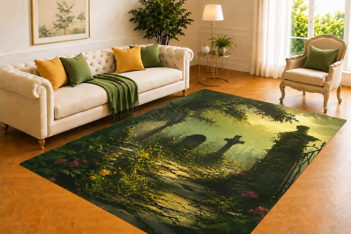 ICE ARMOR 5' x 7' Forgotten Cemetery Rug, Weathered Angel and Overgrown Grave Artwork, Smooth Printed Floor Cover for Library, Hallway, Office and Gothic Decor