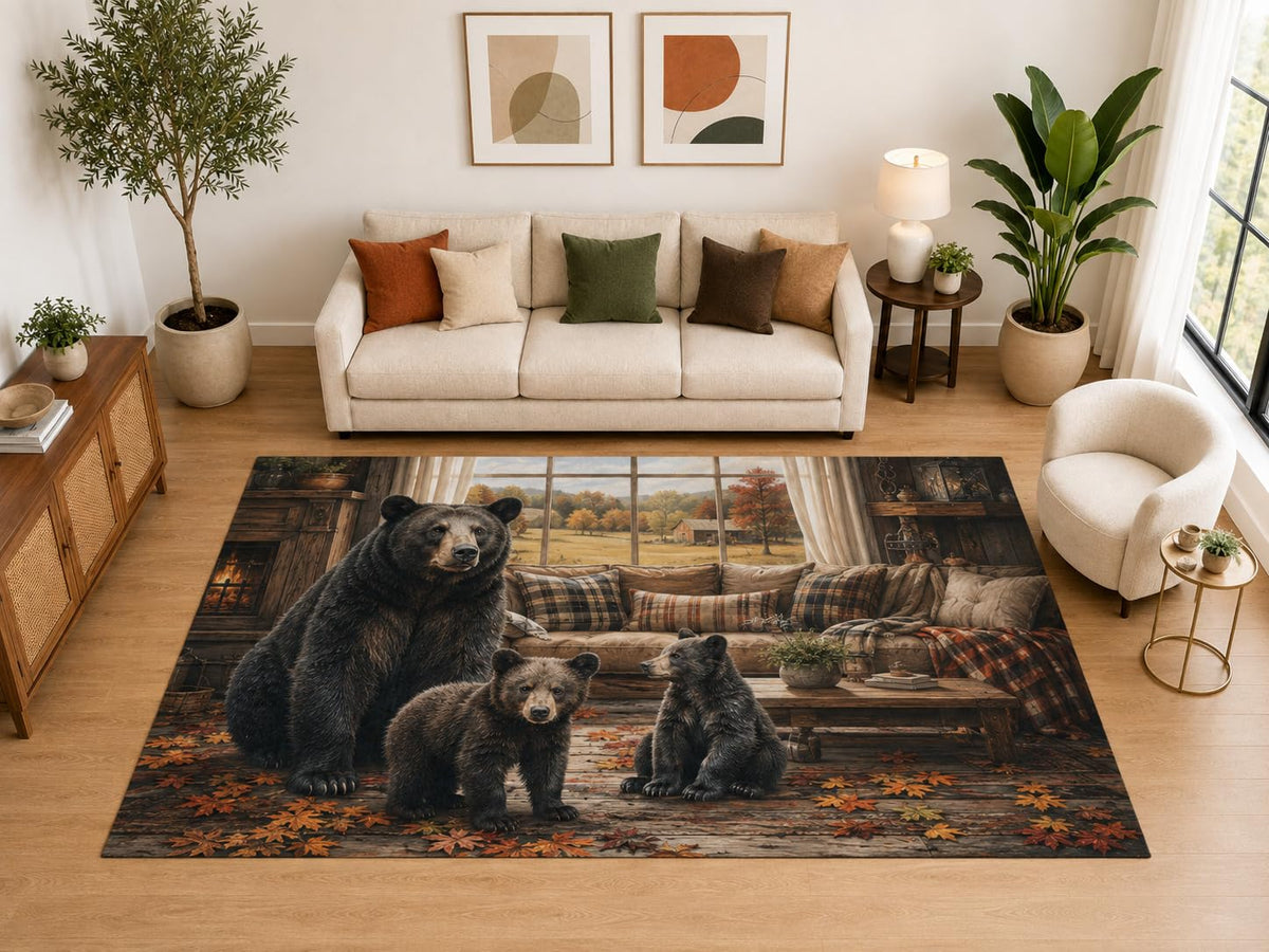 ICE ARMOR "Ultra Light Weight Large 6'7" x 9'10" Bear Family Cabin Area Rug, Soft Low Pile Indoor Rug, Non-Slip Silicone Backing, Family Room, Brown