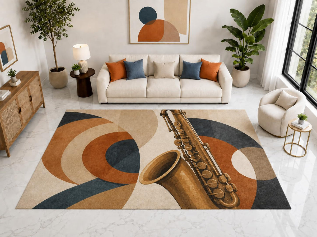 ICE ARMOR "Ultra Light Weight Large 6'7" x 9'10" Saxophone Retro Rug, Soft Low Pile Indoor Rug, Non-Slip Silicone Backing for Living Room Brown