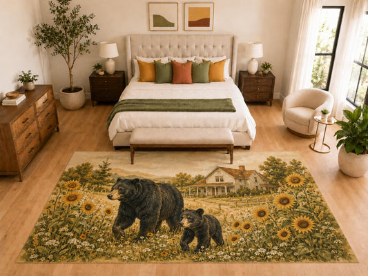ICE ARMOR "Ultra Light Weight Large 6'7" x 9'10" Bear and Cub Farmhouse Area Rug, Soft Low Pile Indoor Rug, Non-Slip Silicone Backing, Bedroom, Beige