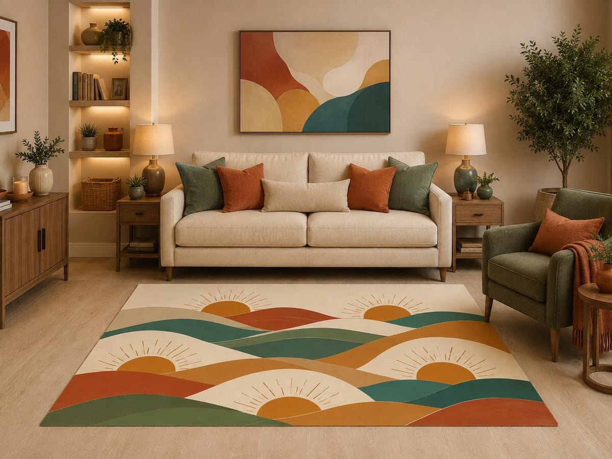 ICE ARMOR 5' x 7' Mid Century Modern Sunrise Landscape Area Rug Abstract Rolling Hills Retro Boho Design for Living Room Bedroom Dining Room Home Decor Non-Slip Silicone Backing Low Pile