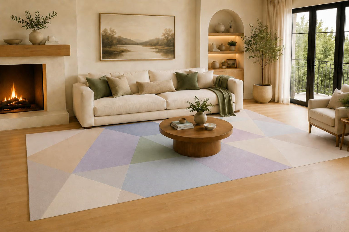 ICE ARMOR Large 6'7" x 9'10" Lavender and Sage Green Pastel Geometric Area Rug for Living Room, Soft Low Pile Carpet with Non-Slip Silicone Backing, Decor for Bedroom, Dining Area and Home Office