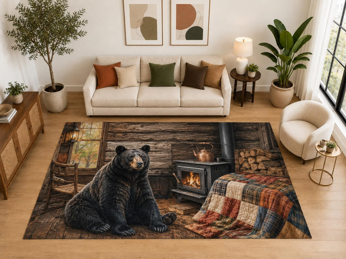 ICE ARMOR "Ultra Light Weight Large 6'7" x 9'10" Bear Cabin Stove Area Rug, Soft Low Pile Indoor Rug, Non-Slip Silicone Backing, Living Room, Brown