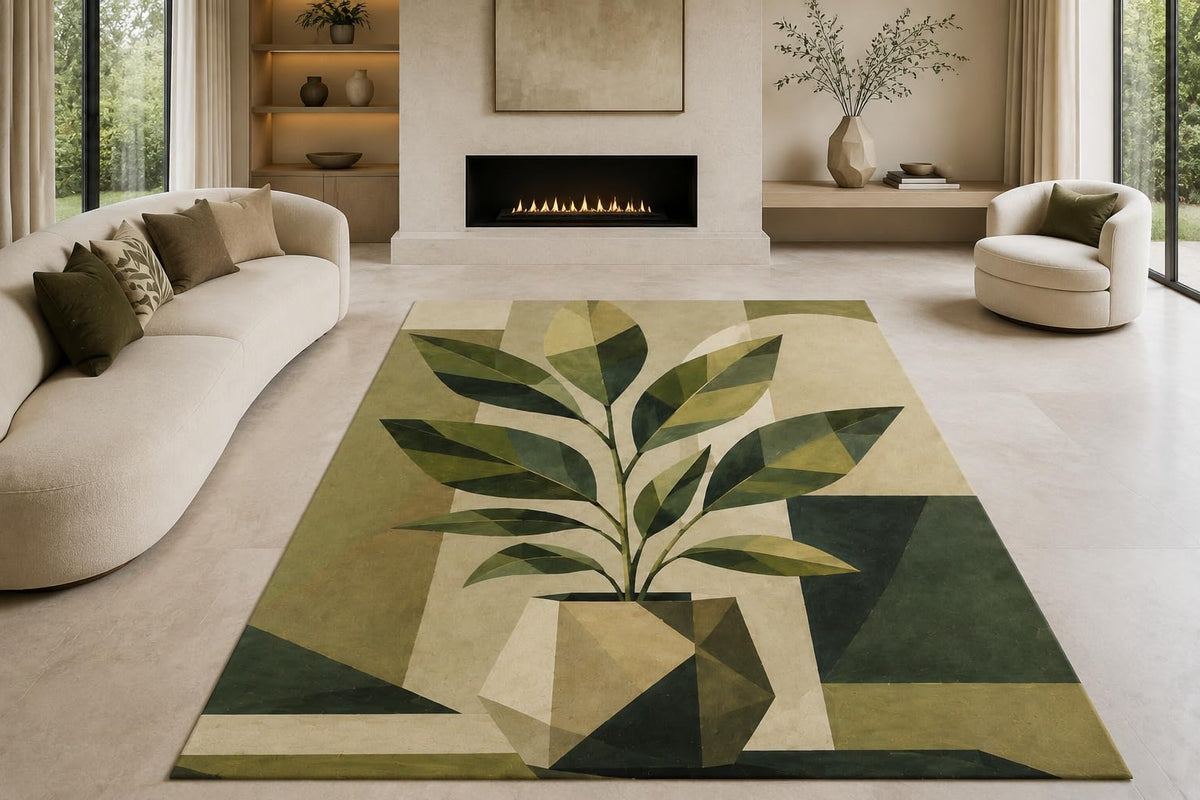 ICE ARMOR "Ultra Lightweight Large 6'7" x 9'10" Geometric Plant Vase Area Rug for Living Room, Bedroom and Home Office, Soft Low Pile Carpet with Non-Slip Silicone Backing, Green and Beige