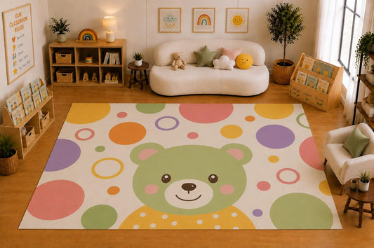 ICE ARMOR Large 6'7" x 9'10" Cute Bear and Colorful Circles Area Rug for Kids Room, Classroom, Bedroom, Playroom Decor, Soft Low Pile Indoor Rug with Non-Slip Silicone Backing, Pastel Multicolor