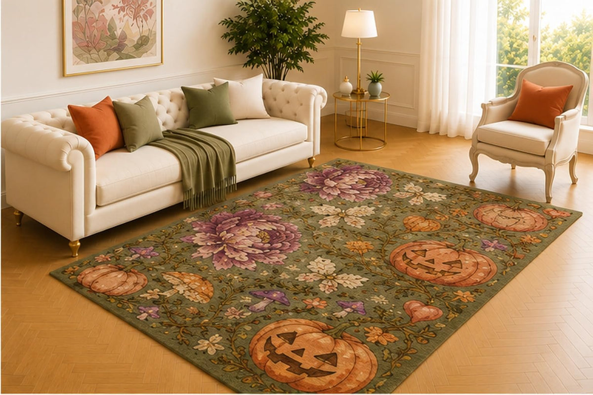 ICE ARMOR 5' x 7' Harvest Pumpkin Peony Rug, Sage Green Botanical Pattern with Jack O Lanterns and Moths, Autumn Floor Accent for Living Room or Entryway