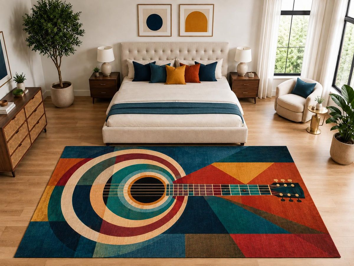 ICE ARMOR "Ultra Light Weight Large 6'7" x 9'10" Retro Circle Guitar Rug, Soft Low Pile Indoor Rug, Non-Slip Silicone Backing for Bedroom Blue