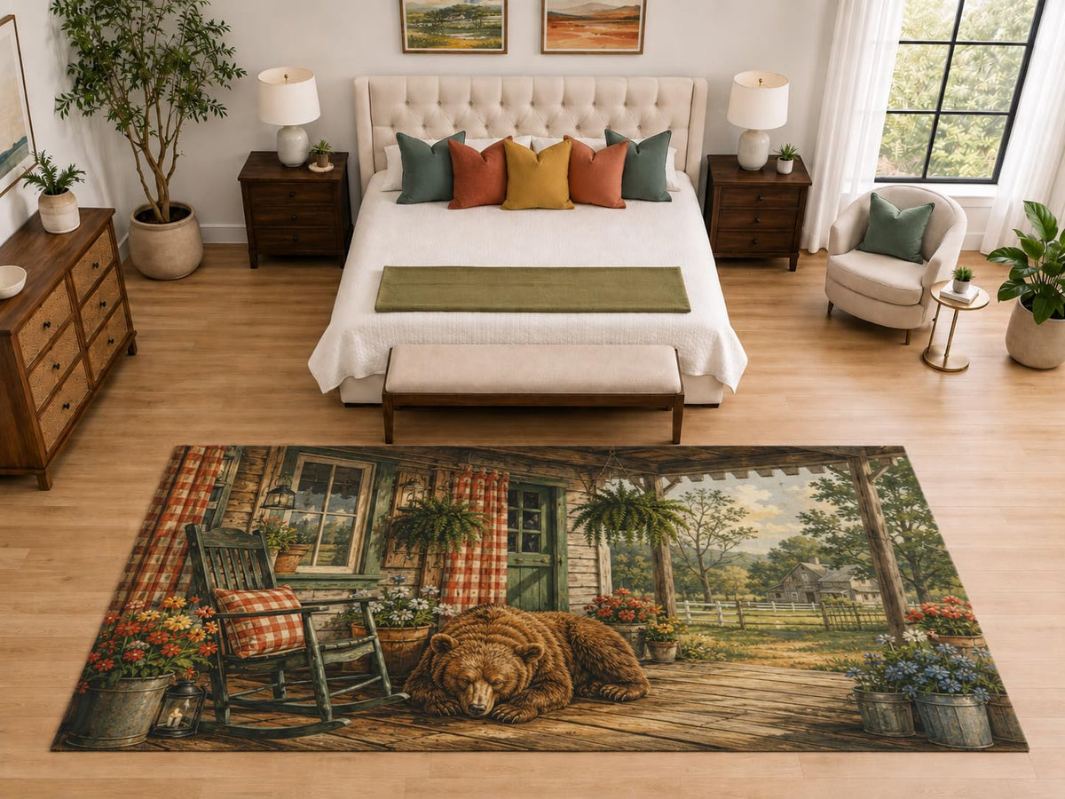 ICE ARMOR "Ultra Light Weight Large 6'7" x 9'10" Sleeping Bear Porch Area Rug, Soft Low Pile Indoor Rug, Non-Slip Silicone Backing, Bedroom, Brown