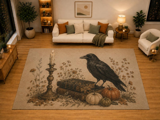 ICE ARMOR "Ultra Light Weight Large 6'7" x 9'10" Raven Candle Vintage Books Pumpkin Area Rug for Living Room Bedroom, Soft Low Pile Non-Slip Backing, Beige Brown Gothic Autumn Decor