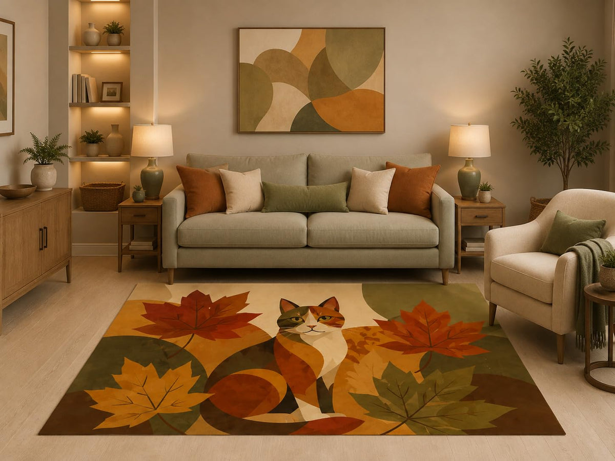 ICE ARMOR 5' x 7' Autumn Cat Area Rug Modern Fall Leaves Animal Illustration for Living Room Bedroom Nursery Seasonal Home Decor Non-Slip Silicone Backing Low Pile