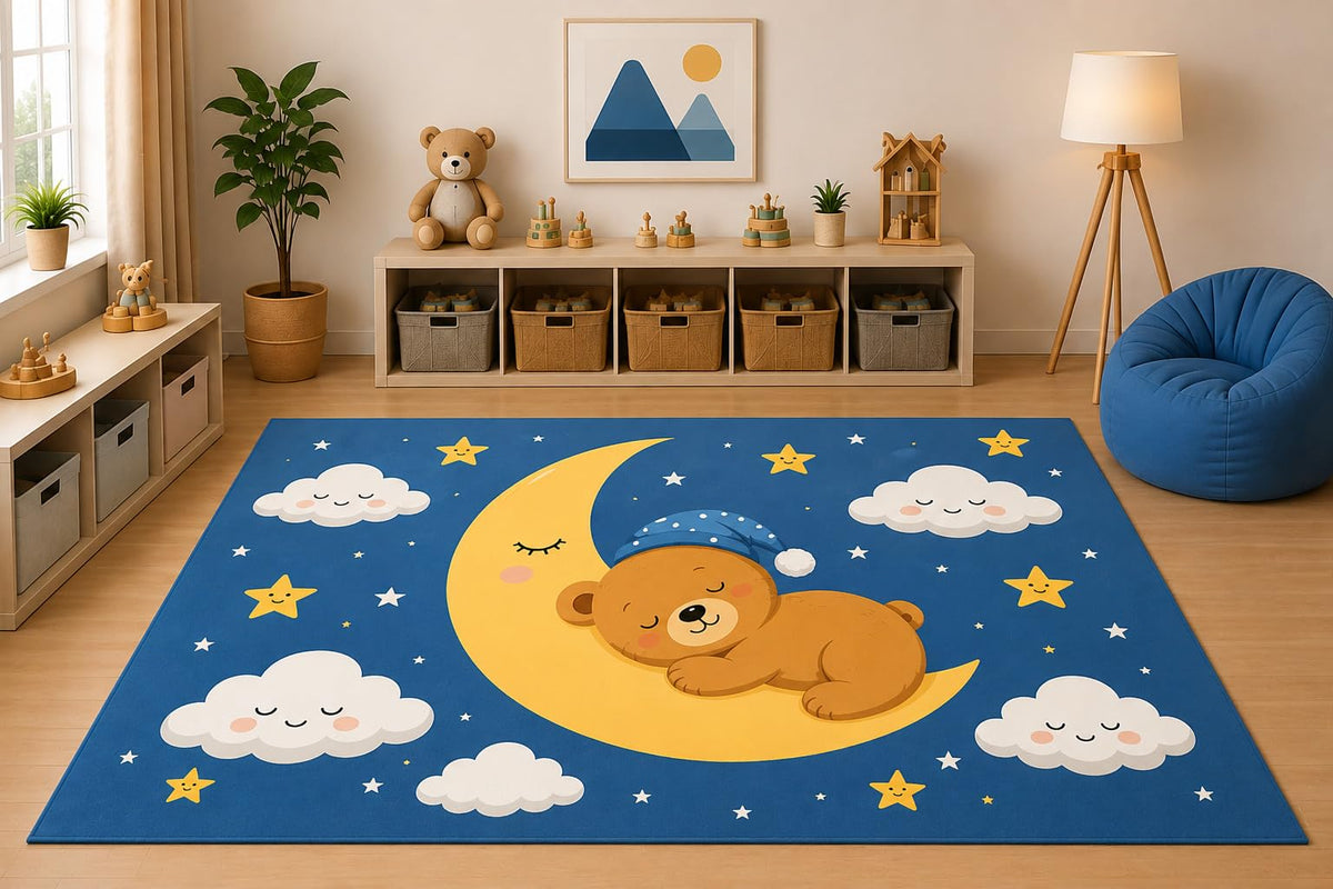 ICE ARMOR 5' x 7' Sleeping Teddy Bear Moon Area Rug for Kids Bedroom Nursery Playroom, Cute Stars Clouds Night Sky Cartoon Decorative Carpet, Non-Slip Silicone Backing Low Pile