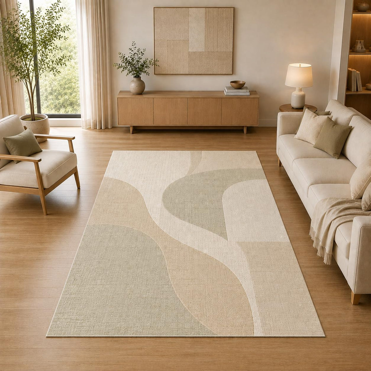 ICE ARMOR 5' x 7' Modern Abstract Curve Area Rug for Living Room, Soft Low Pile Indoor Rug with Non-Slip Silicone Backing, Decorative Carpet for Bedroom, Office, Family Room, Sage Green