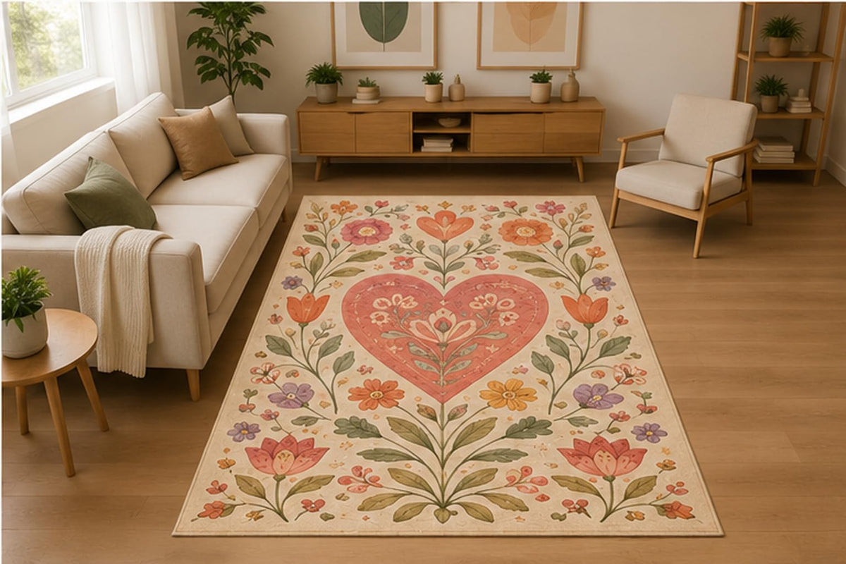 ICE ARMOR 5' x 7' Scandinavian Floral Heart Folk Art Area Rug for Living Room, Soft Low Pile Indoor Rug with Non-Slip Silicone Backing, Bedroom, Family Room, Nursery, Cream Coral