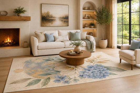 ICE ARMOR Large 6'7" x 9'10" Light Blue and Beige Soft Botanical Bouquet Area Rug for Living Room, Soft Low Pile Carpet with Non-Slip Silicone Backing, Decor for Bedroom, Dining Area and Home Office