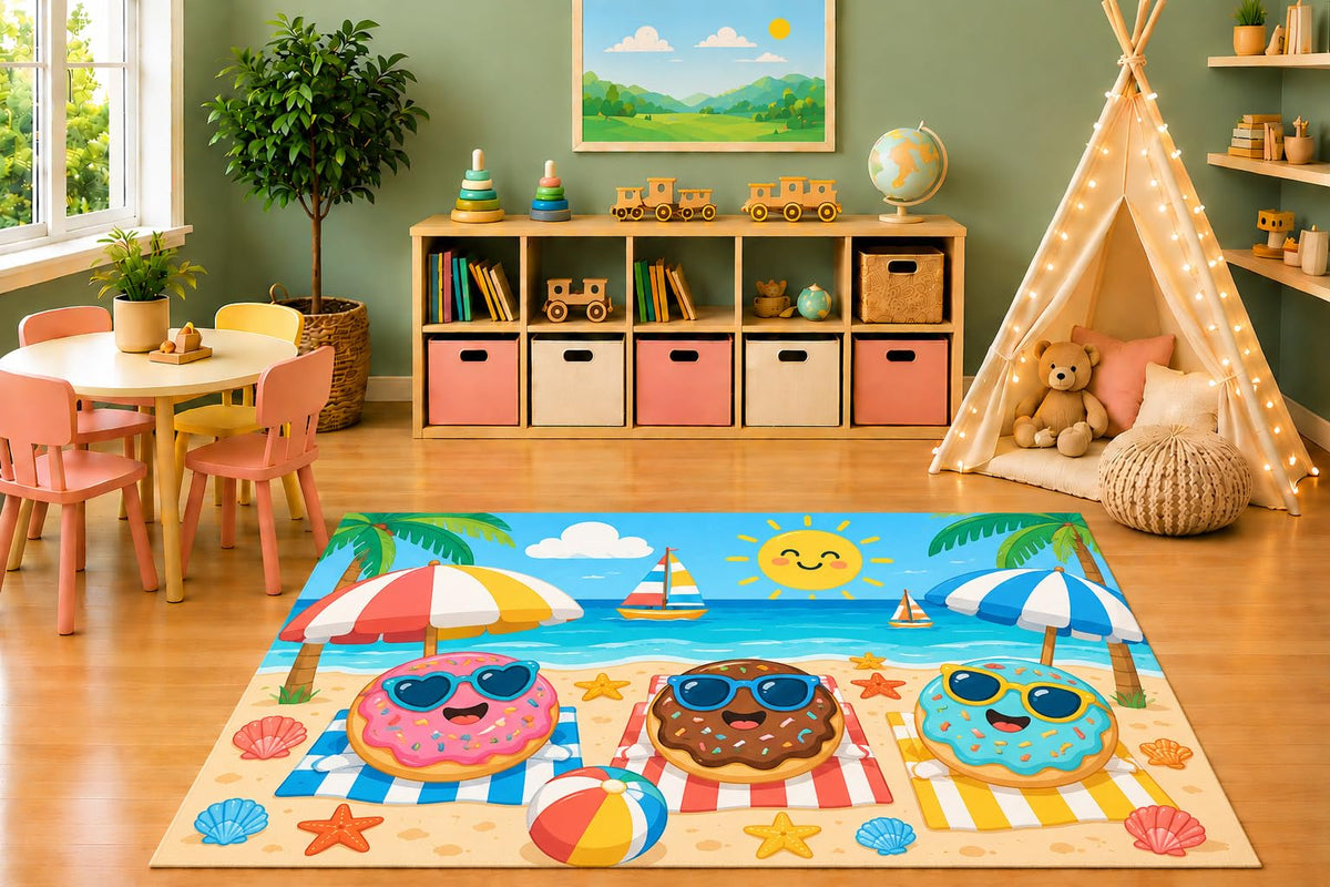 ICE ARMOR 5' x 7' Beach Donuts Area Rug, Cute Cartoon Sunglasses Doughnuts Ocean Umbrellas Summer Kids Playroom Nursery Bedroom Decor, Non-Slip Silicone Backing Low Pile