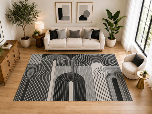 ICE ARMOR Large 6'7" x 9'10" Art Deco Layered Arch Area Rug for for Bedroom, Living Room, Soft Low Pile Indoor Rug with Non-Slip Silicone Backing, Black Gray Ivory