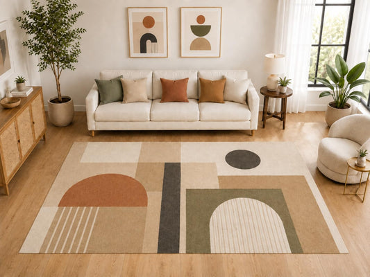 ICE ARMOR "Ultra Light Weight Large 6'7" x 9'10" Geometric Arch Area Rug, Soft Low Pile Indoor Rug and Non-Slip Silicone Backing for Living Room Office, Beige Rust