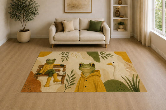 ICE ARMOR "Ultra Light Weight 5' x 7' Dapper Frog Friends Area Rug for Living Room, Bedroom and Home Office, Soft Low Pile Carpet with Non-Slip Silicone Backing, Green and Mustard