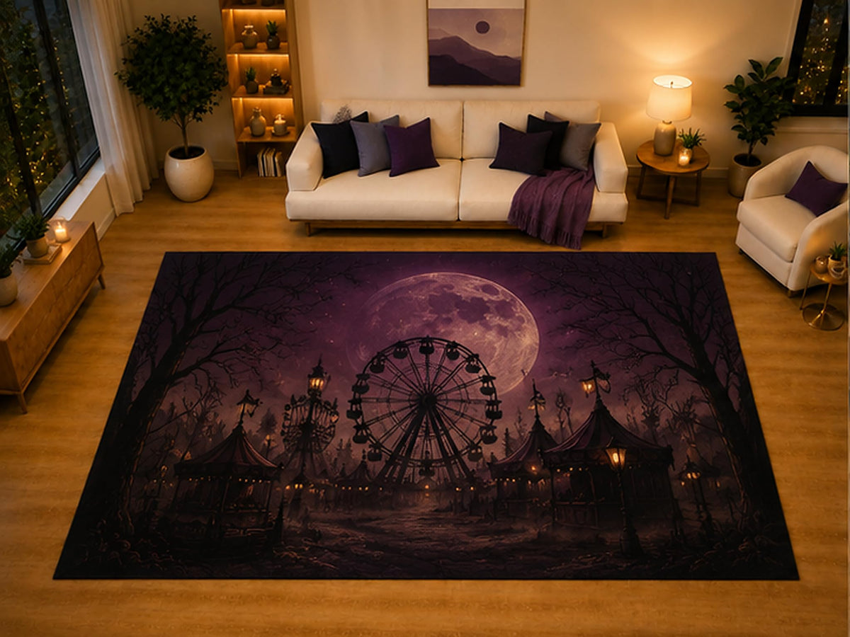 ICE ARMOR "Ultra Light Weight Large 6'7" x 9'10" Haunted Ferris Wheel Full Moon Area Rug for Living Room Bedroom, Soft Low Pile Non-Slip Backing, Purple Black Gothic Carnival Decor