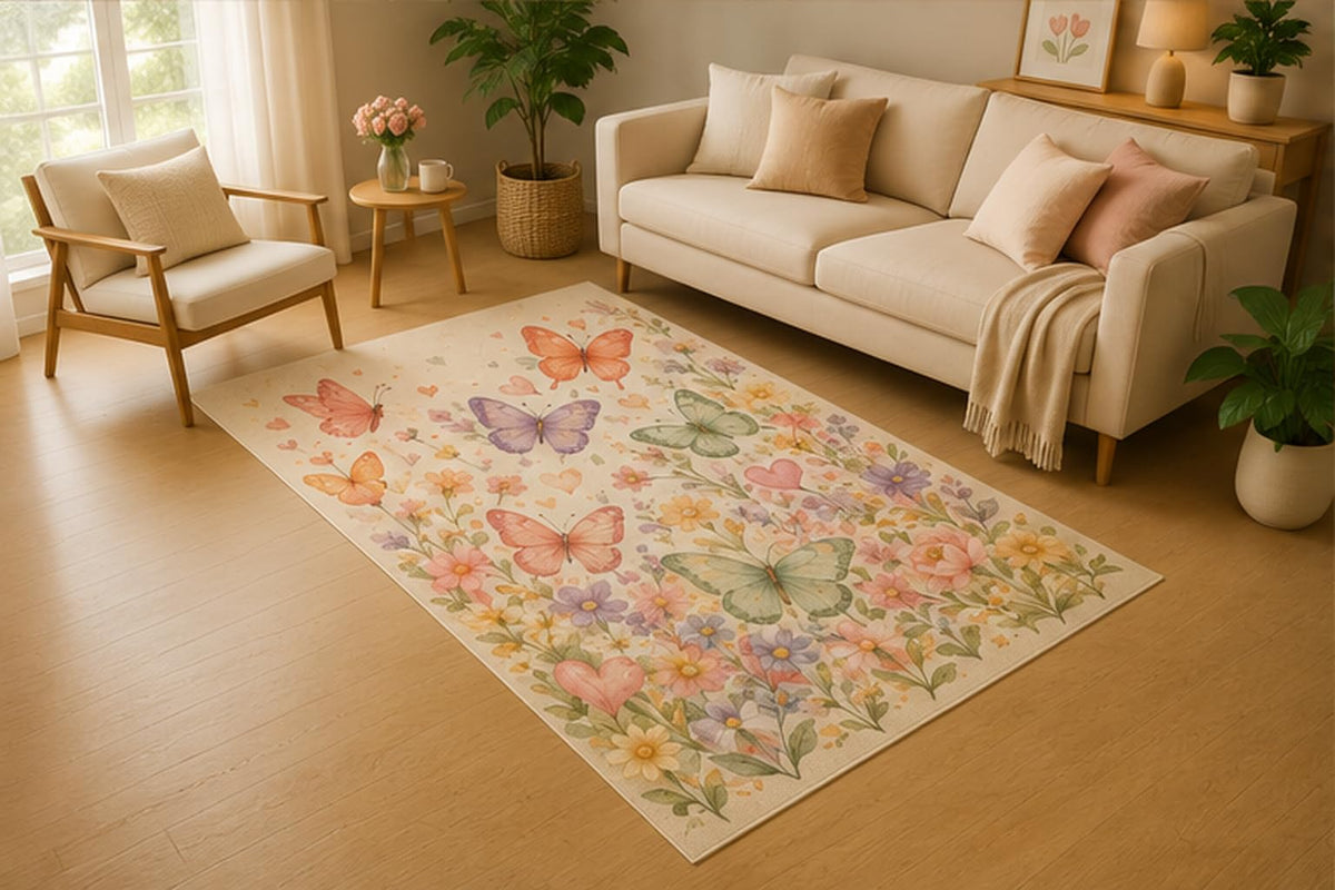 ICE ARMOR 5' x 7' Butterfly Wildflower Garden Area Rug, Soft Low Pile Indoor Rug with Non-Slip Silicone Backing for Living Room, Bedroom, Nursery, Kids Room, Kids & Pets, Pink Green Purple