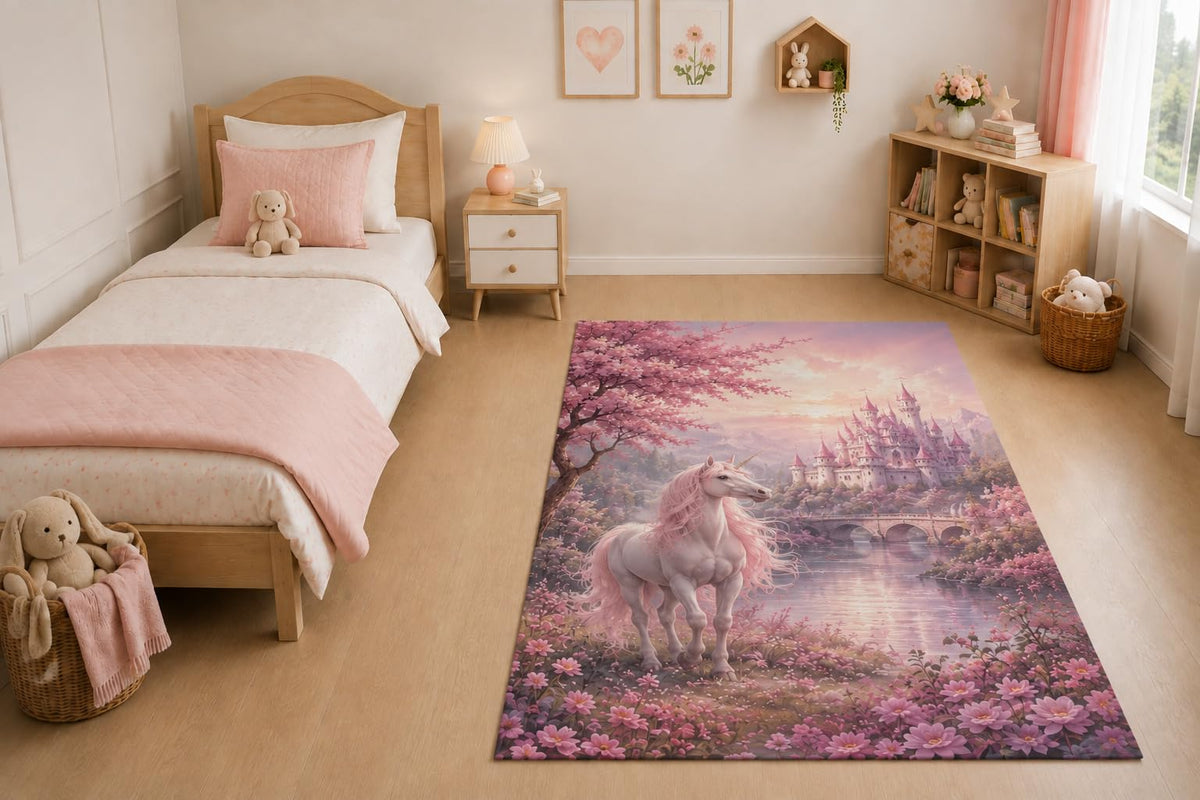 ICE ARMOR "Ultra Light Weight 5' x 7' Pink Unicorn Castle Area Rug for Living Room, Bedroom and Home Office, Soft Low Pile Carpet with Non-Slip Silicone Backing, Pink and White