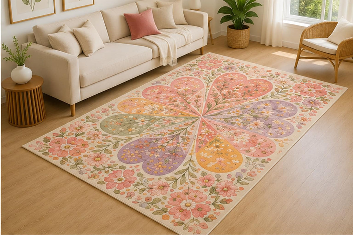 ICE ARMOR 5' x 7' Patchwork Heart Flower Mandala Area Rug for Living Room, Soft Low Pile Indoor Rug with Non-Slip Silicone Backing, Decorative Carpet for Bedroom, Dining Room, Family Room