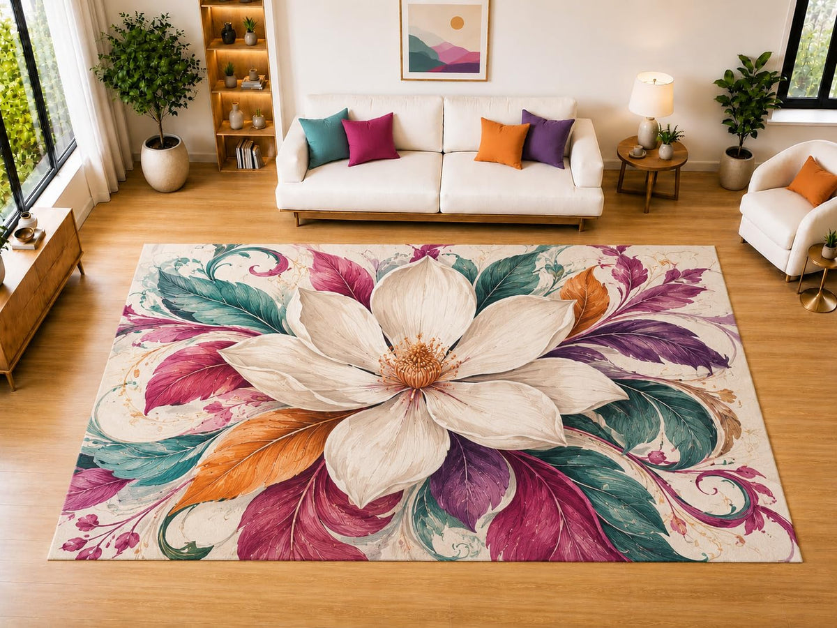 ICE ARMOR "Ultra Light Weight Large 6'7" x 9'10" Magnolia Floral Area Rug for Living Room Bedroom Dining Room, Soft Low Pile Non-Slip Backing, Cream Pink Teal Purple Botanical Decor