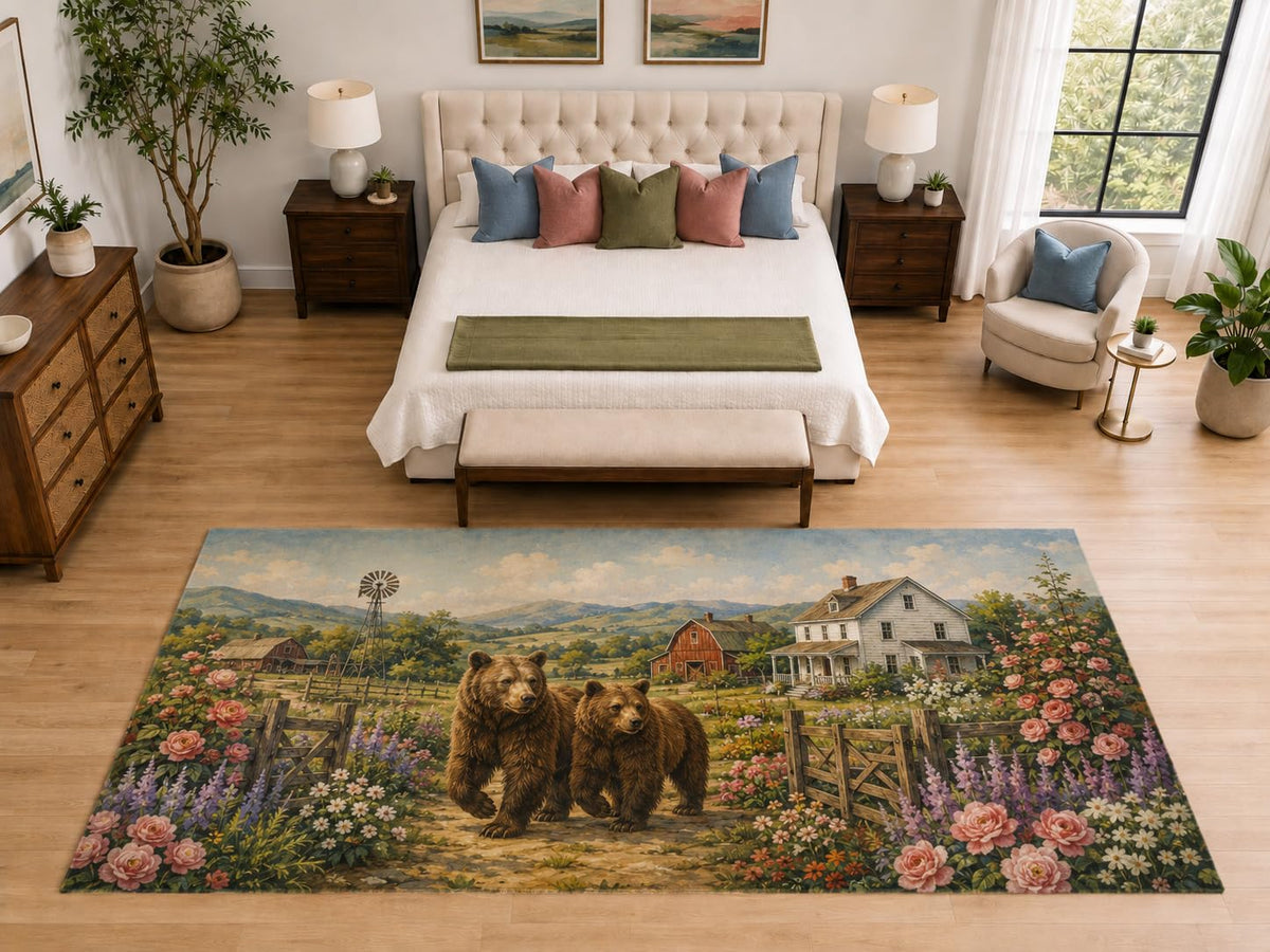 ICE ARMOR "Ultra Light Weight Large 6'7" x 9'10" Bear Pair Rose Farm Area Rug, Soft Low Pile Indoor Rug, Non-Slip Silicone Backing, Bedroom, Brown
