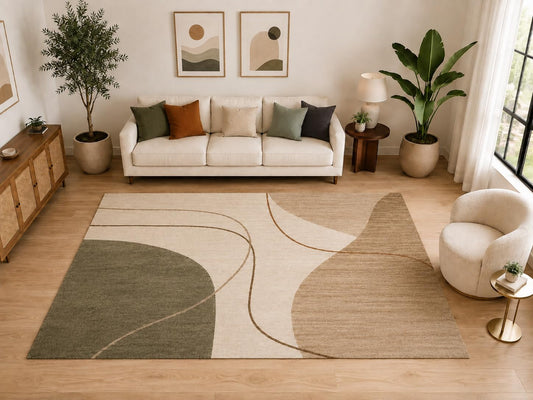 ICE ARMOR "Ultra Light Weight Large 6'7" x 9'10" Modern Curved Line Area Rug, Soft Low Pile Indoor Rug and Non-Slip Silicone Backing for Living Room Bedroom, Beige Olive