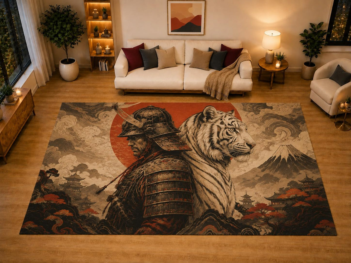 ICE ARMOR "Ultra Light Weight Large 6'7" x 9'10" White Tiger Warrior Area Rug for Living Room Bedroom Dining Area, Soft Low Pile Non-Slip Backing, Beige Red Black Asian Decor