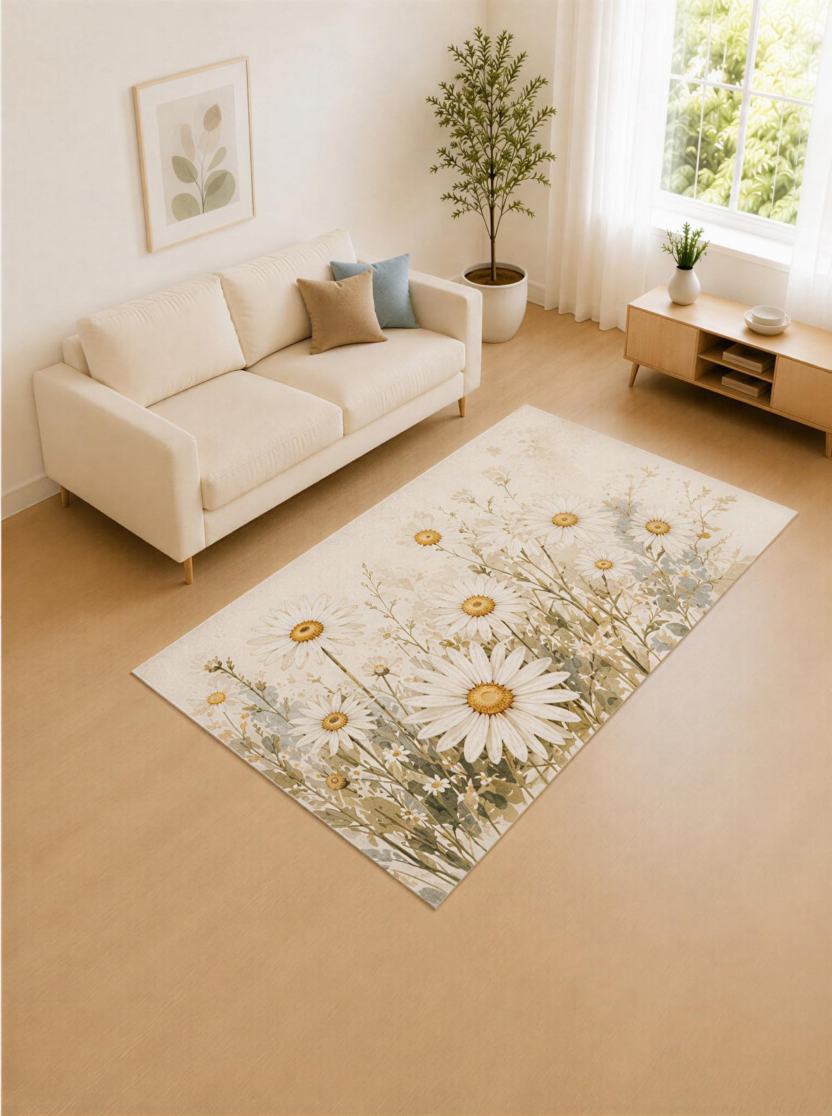 ICE ARMOR 5' x 7' Daisy White and Beige Meadow Bloom Area Rug for Living Room, Soft Low Pile Carpet with Non-Slip Silicone Backing, Decor for Bedroom and Home Office