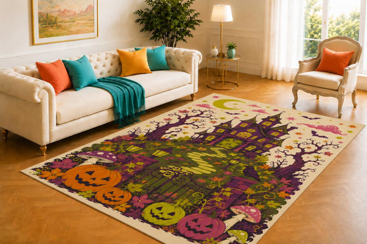 ICE ARMOR 5' x 7' Haunted House Rug, Flying Bat Moon Bare Tree Artwork, Smooth Printed Floor Cover for Bedroom, Entryway, Lounge and Halloween Home Decor