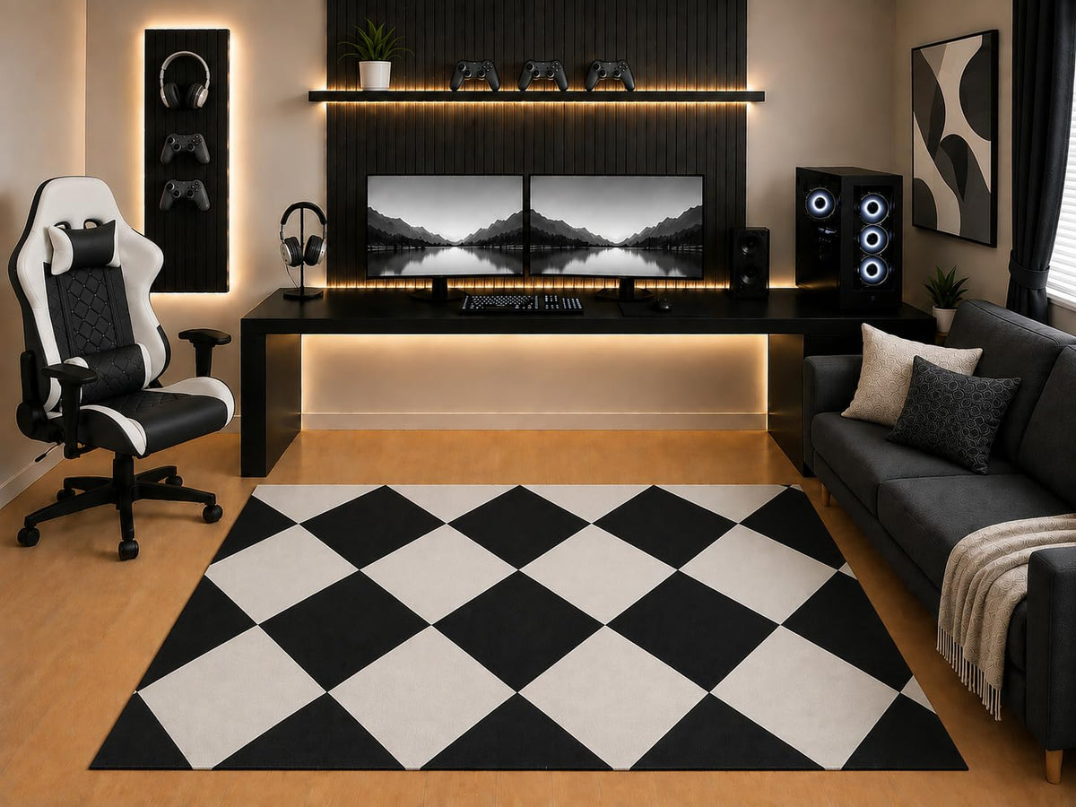 ICE ARMOR "Ultra Light Weight 5' x 7' Black White Diamond Area Rug Modern Geometric Harlequin Design for Bedroom Gaming Room Living Room Non-Slip Silicone Backing Low Pile