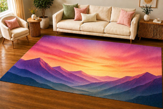 ICE ARMOR 5' x 7' Pastel Mountain Sunset Area Rug, Soft Low Pile Indoor Rug with Non-Slip Silicone Backing, Modern Scenic Carpet for Living Room, Bedroom, Family Room, Lavender Pink