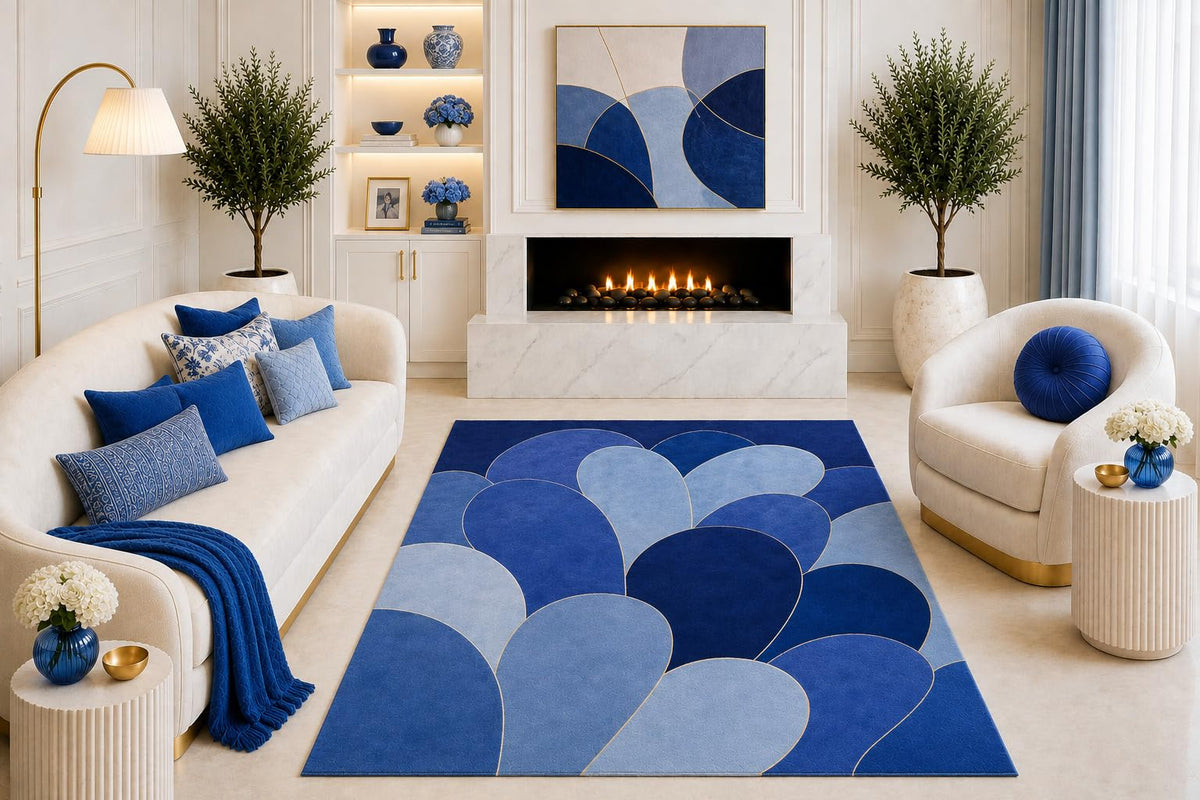 ICE ARMOR "Ultra Light Weight 5' x 7' Navy Blue Abstract Petal Area Rug, Modern Geometric Scallop Design for Living Room Bedroom Dining Room, Non-Slip Silicone Backing Low Pile
