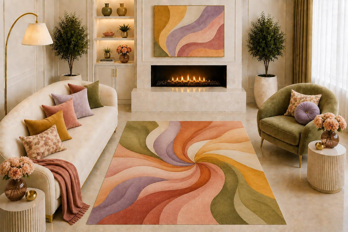 ICE ARMOR "Ultra Light Weight 5' x 7' Abstract Swirl Area Rug Retro Wavy Art Peach Olive Lavender for Living Room Bedroom Dining Room Office Non-Slip Silicone Backing Low Pile