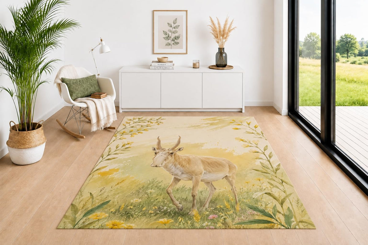 ICE ARMOR 5' x 7' Saiga Antelope Meadow Area Rug for Living Room, Soft Low Pile Indoor Rug with Non-Slip Backing, Wildlife Carpet for Bedroom, Dining Room, Office, Yellow Green