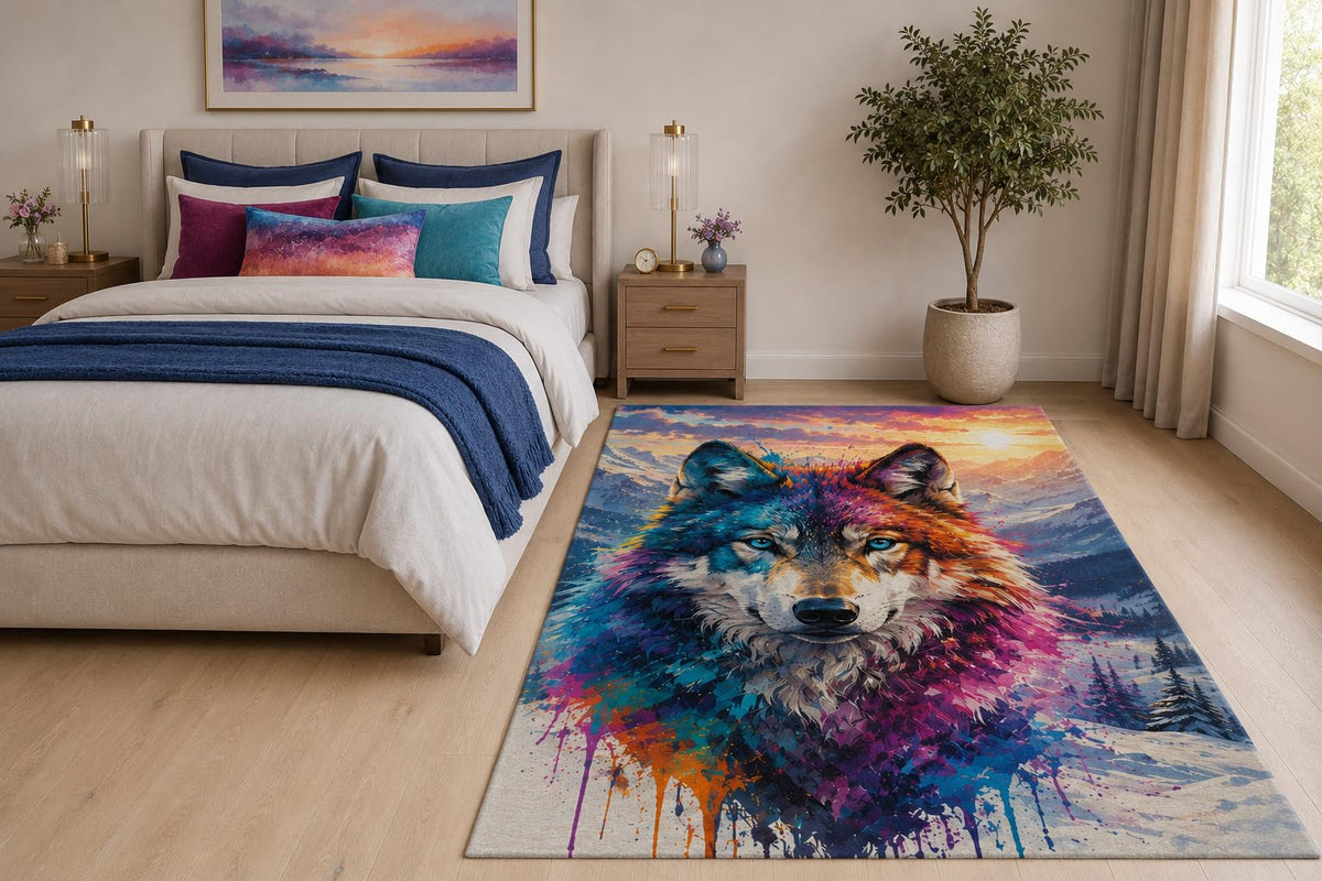 ICE ARMOR "Ultra Light Weight 5' x 7' Sunset Mountain Wolf Area Rug for Living Room, Bedroom and Home Office, Soft Low Pile Carpet with Non-Slip Silicone Backing, Blue and Orange