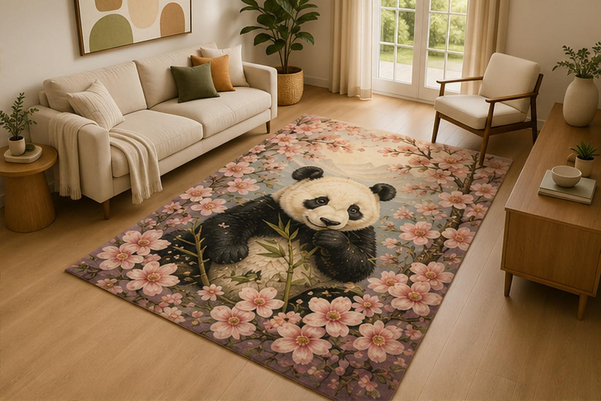 ICE ARMOR 5' x 7' Panda Cherry Blossom Area Rug for Living Room, Soft Low Pile Indoor Rug with Non-Slip Silicone Backing, Floral Wildlife Decor for Bedroom, Nursery, Kids Room, Kids & Pets