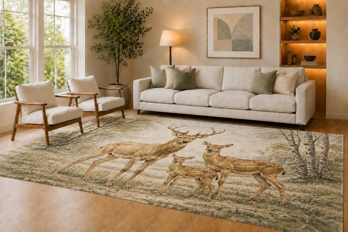ICE ARMOR Large 6'7" x 9'10" Beige & Brown Deer Family Area Rug for Living Room, Soft Low Pile Carpet with Non-Slip Silicone Backing, Decor for Bedroom & Home Office