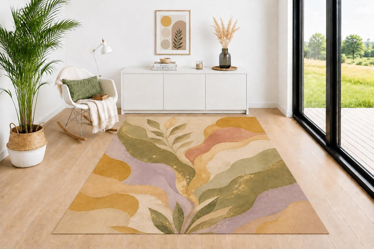 ICE ARMOR 5' x 7' Modern Area Rug, Flowing Leaf and Curved Wave Design in Sage Green Mustard Terracotta Beige Lavender, Neutral Carpet for Living Room Bedroom Office Decor