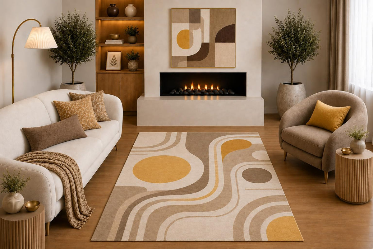 ICE ARMOR "Ultra Light Weight 5' x 7' Mid Century Modern Area Rug Beige Taupe Mustard Abstract Retro Curved Line Design for Living Room Bedroom Dining Room Non-Slip Silicone Backing Low Pile