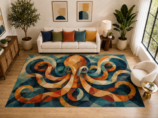 ICE ARMOR "Ultra Light Weight Large 6'7" x 9'10" Abstract Octopus Rug, Soft Low Pile Indoor Rug, Non-Slip Silicone Backing for Family Room Teal