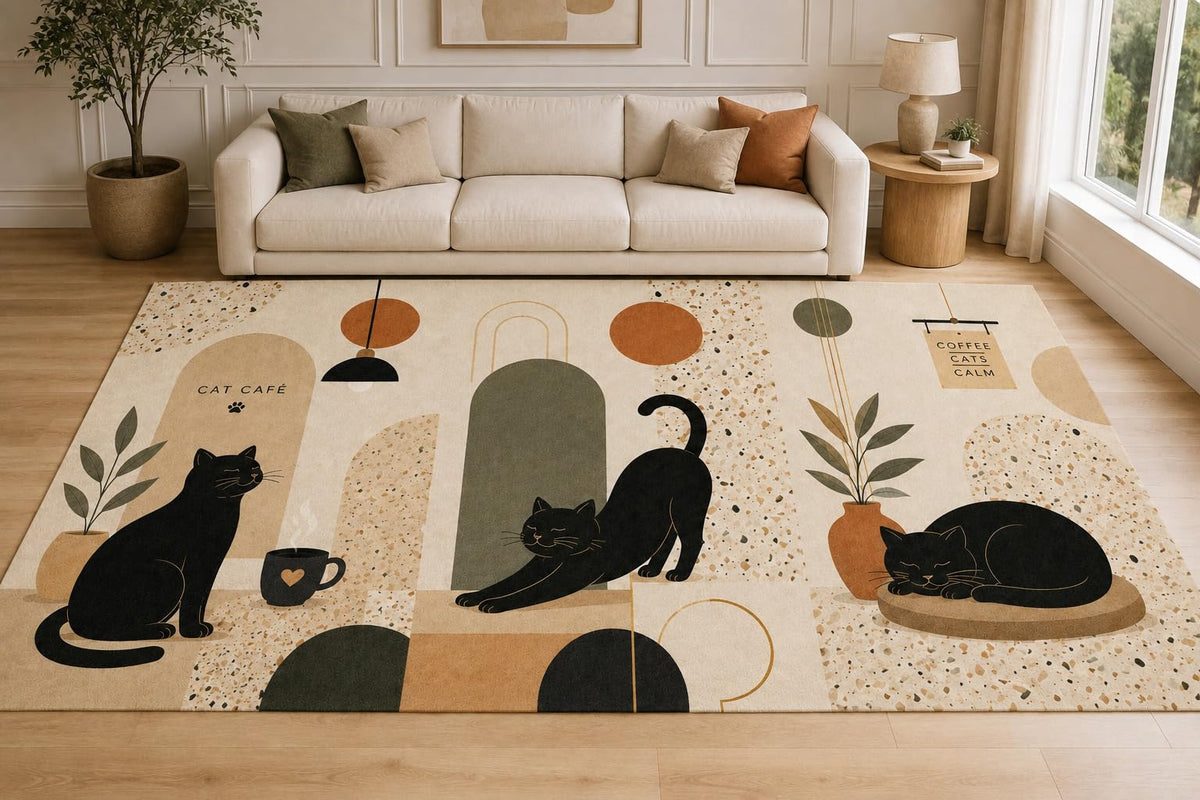 ICE ARMOR "Ultra Lightweight Large 6'7" x 9'10" Modern Cat Cafe Area Rug for Living Room, Bedroom and Home Office, Soft Low Pile Carpet with Non-Slip Silicone Backing, Black and Beige